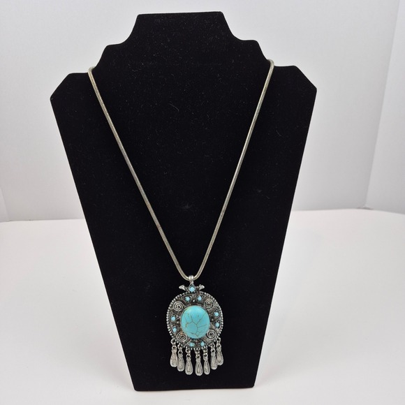 Jewelry - Faux Turquoise Pendant Necklace Boho Silver Tone Statement Southwest Jewelry